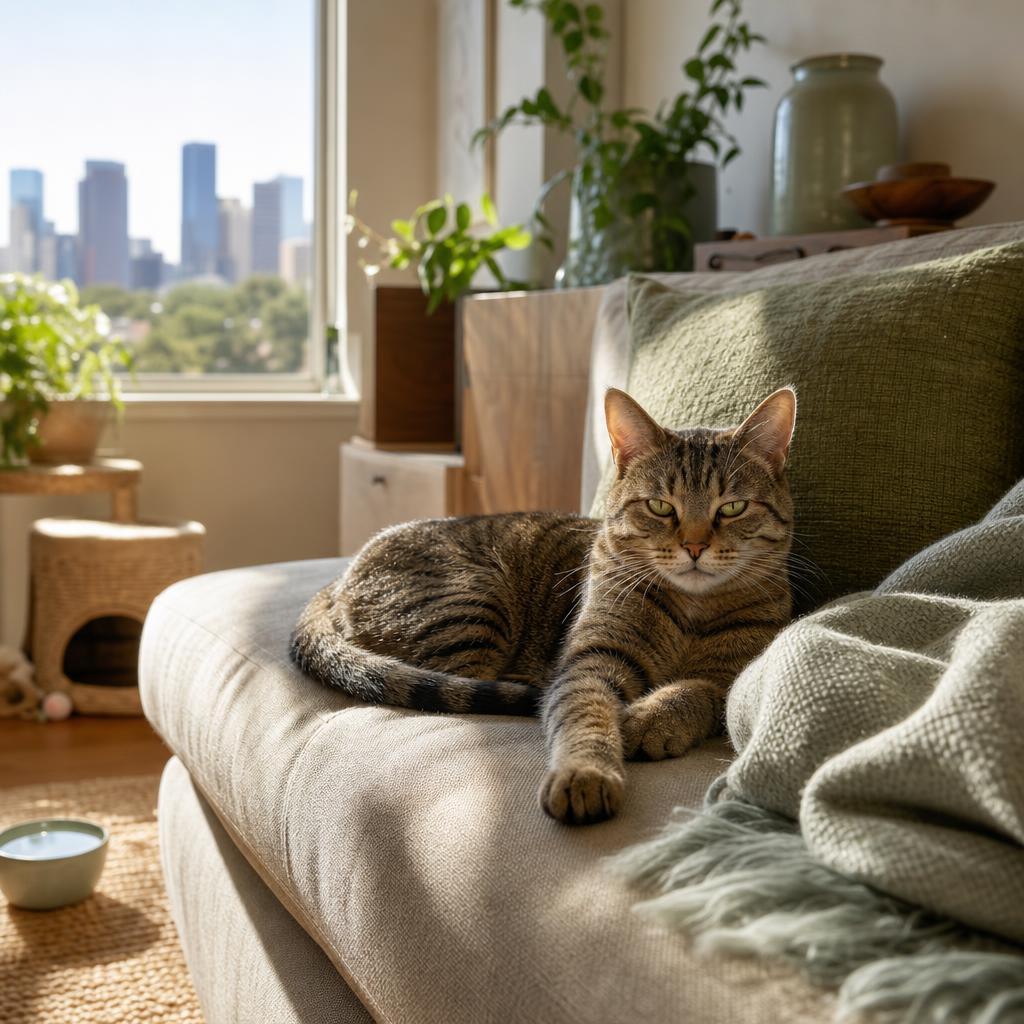 Tabby cat relaxing on a sunlit sofa at home